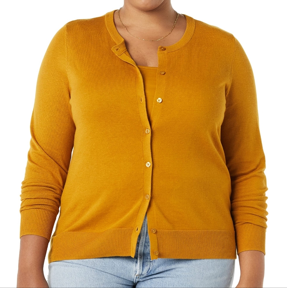 Amazon Essentials Mustard Gold Yellow Crew Neck Cardigan Sweater